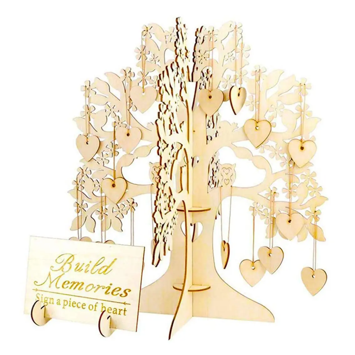 Benutzer definierte 100 Stück Herz Signatur Nachricht Holzbaum rahmen Einzigartige Dekoration Geschenke Hochzeit Gästebuch mit Ständer