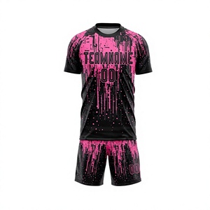 Ensemble de maillots de football personnalisés noir et rose, impression sublimée, polyester respirant, col rond, manches courtes, coupe athlétique, unisexe, adulte - Product Image 1