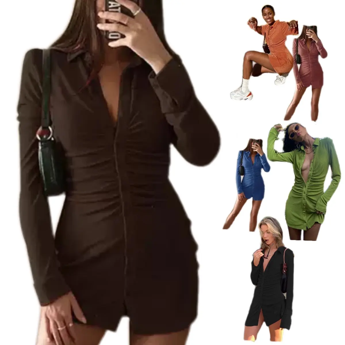 Braunes Kleid Frauen lange Ärmel Bodycon Mini sexy kurzes Kleid Party Club grün lässig schöne ägyptische Dame Velours kleid