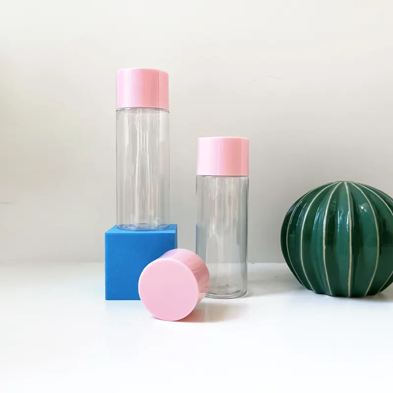 Bouteille cosmétique de toner facial avec bouchon à vis double couche bouteille rose pastel 100ml PET Flip Cap Pot de lotion transparent en stock