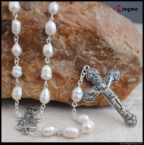 BZRG0129 Kingme gioielli collane con ciondolo 6*8mm forma speciale <span class=keywords><strong>perle</strong></span> di <span class=keywords><strong>perle</strong></span> d'acqua reale rosario croce con Fatima pezzo centrale - Product Image 6