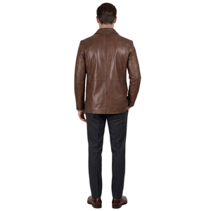 Blazer en cuir ciré couleur cognac pour homme, col à revers, manteau formel en cuir véritable - Product Image 6