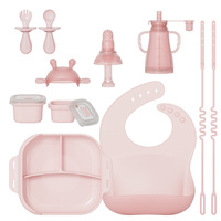 Ensemble d'alimentation en silicone de qualité alimentaire, bavoir, 11 pièces, bol en silicone, assiette, fourchette, cuillère, gobelet, ensemble d'alimentation pour bébé