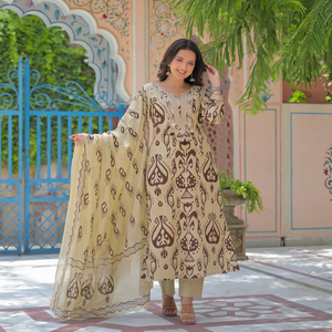 Ensemble de costume élégant en coton crème et marron 60x60 avec imprimé ethnique abstrait, kurta, pantalon droit et dupatta assorti pour femmes - Product Image 1