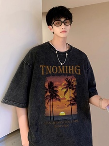 工場直送 210g ヴィンテージウォッシュ加工 Oネック メンズTシャツ ココナッツツリー柄 熱転写プリント ゆったりとした通気性のあるコットン半袖 - Product Image 4