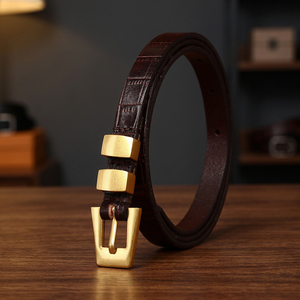 Cinturón de Cuero Genuino para Mujer, de Piel de Vaca Pura, con Hebilla Estrecha de Aleación, Estilo Antiguo, con Patrón de Cocodrilo Desgastado, 3.8 cm de Ancho, 95-105 cm de Largo - Product Image 3