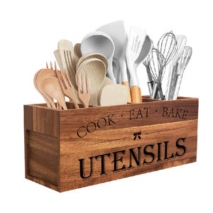 Porte-ustensiles rectangulaire en bois d'acacia laqué pour <span class=keywords><strong>cuisine</strong></span> de style campagnard, avec 4 compartiments et design réglable - Product Image 1