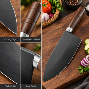 Couteau de cuisine chinois à lame large finition noire avec manche en bois grainé pour la préparation de la viande et des légumes - Product Image 5
