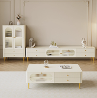 Ensemble table basse et meuble TV en bois massif de style crème, avec dalles de porcelaine, de style vintage français, avec rangement pour petites maisons, Chine
