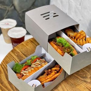 Boîte à hot-dogs en papier ivoire imprimée sur mesure en forme de bateau, emballage alimentaire en carton pour gaufres, plateau à corndogs avec couvercles - Product Image 1