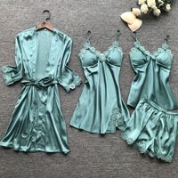 Ensemble de pyjamas 4 pièces pour femmes, élégant, grande taille, décontracté, en satin soyeux, respirant et à séchage rapide, vente en gros