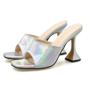 Mules à talons en <span class=keywords><strong>verre</strong></span> pour femmes grandes tailles, bout carré, à enfiler, talons hauts, sandales, pantoufles, chaussures pour femmes pour les fêtes - Product Image 1