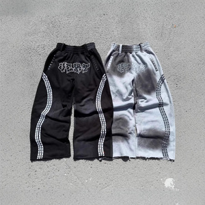 Pantalon de survêtement Hip Hop 100 % coton pour homme, taille à cordon, coupe lourde, décoration vintage, logo imprimé numérique, noir/gris - Product Image 4