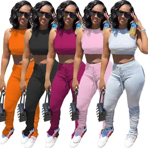 Women Custom Blank 2 Piece Set Clothing Cropped Tank Top Stacked Joggers Ladies Spring Outfits