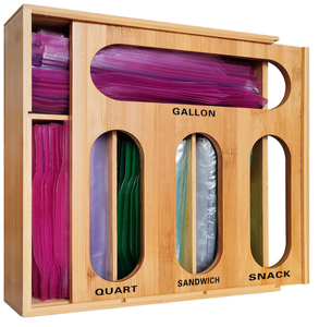 Bamboo food self sealing bag storage organizer drawer container organizer kitchen bag storage