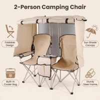Chaise de camping pliable double kaki avec auvent, table latérale et poche, portable, pour extérieur et plage, pour couple