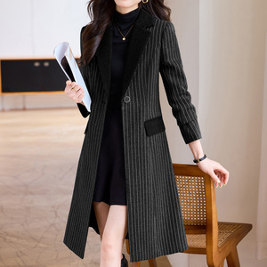 Striped Suit Collar Trench Coat For Women Medium Thickness Polyester Woven Autumn Winter Style Elegant Slim Fit Coat - Product Image 1