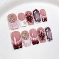 Faux ongles en acrylique carrés moyens 3D, style français nude, réutilisables, faits à la main, à presser, couvrant entièrement l'ongle, art des ongles