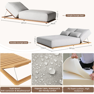 Lettino da <span class=keywords><strong>Esterno</strong></span> in Teak per Hotel e Resort, Cuscino Impermeabile, Lussuoso Daybed da Piscina con Schienale Regolabile, Singolo o Doppio - Product Image 3
