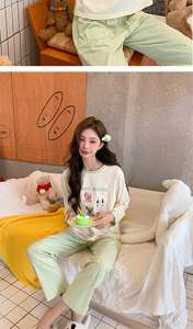 Hsot vente pyjamas antibactérien coton pyjamas femmes, col rond manches longues mince décontracté mignon imprimé coton pyjama - Product Image 6