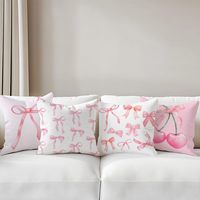 4 housses de coussin décoratives roses, 18 * 18 pouces, motif cerise et nœud, adaptées à la décoration de canapé et de chambre à coucher pour filles