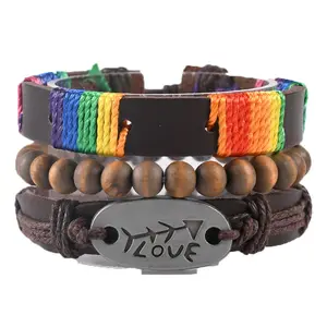 Modeschmuck Farbe gewebt Rindsleder Armband böhmischen Homosexuell Regenbogen bunte Paar Armband Armreifen