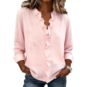 Chemise décontractée pour femmes, à volants, à manches longues respirantes et au design simple, pour le printemps et l'été, nouveau style - Product Image 4