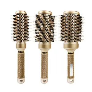 Gold Fancy Nano Thermal Ceramic Ionic Boar Bristle Round Wave Brush for Hair Styling and Curling