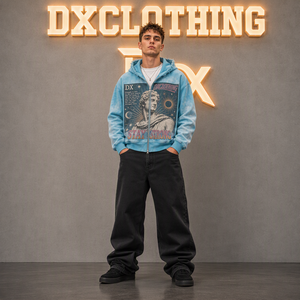 Maßgefertigter Atelier Blue 450gsm Boxy Full Zip Hoodie mit Ausgefranstem Kapuzenrand, Griechische Statue, Sonnenstrahlen-Design, Acid Wash Fleece Sweatshirt, Streetwear OEM ODM - Product Image 3
