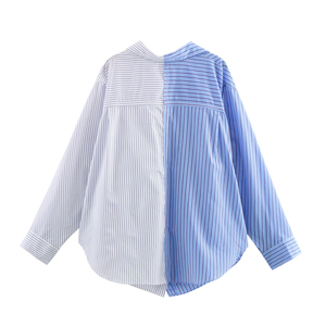 Camicetta Casual da Donna con Design Patchwork, Stampa <span class=keywords><strong>a</strong></span> <span class=keywords><strong>Righe</strong></span> <span class=keywords><strong>Blu</strong></span> <span class=keywords><strong>e</strong></span> <span class=keywords><strong>Bianca</strong></span>, Maniche Lunghe <span class=keywords><strong>e</strong></span> Bottoni - Product Image 2