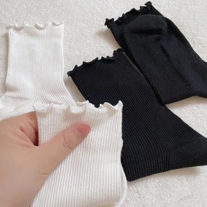 White And <b>Black</b> Mid-Calf Socks With Ruffle <b>Edge</b> Cotton Breathable Women's Socks For Youth Style - Product Image 1