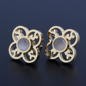 <b>Stud</b> <b>Earrings</b> Gold Plated Cat's Eye Stone Flower Design Bezel Setting For Women Gift - Product Image 2