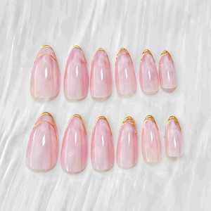 24 pièces de faux ongles en marbre rose français doré, faux ongles en amande moyenne, fabricant de faux ongles, fournitures de manucure en gros - Product Image 4