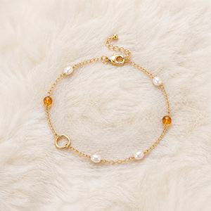 Wholesale Round <b>Pearl</b> Citrine Gold Plated Stainless Steel Thin Chain Double Ring <b>Bracelet</b> Gentle <b>Women</b> Daily Wear Jewelry Custom - Product Image 3