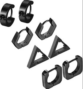Stainless Steel Black Hoop Earrings for Men Women Huggie Triangle Square Round Geometric Stud Statement Earrings