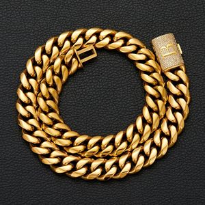 Cadena cubana plana de acero inoxidable chapada en oro de 18 quilates de 14 mm con letras del alfabeto A-Z, cierre de caja con letras engastadas, joyería hip hop unisex - Product Image 4