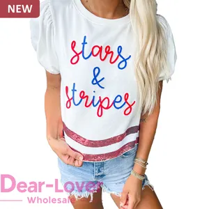 Dear-Lover grosir kaus musim panas bendera hari bintang garis grafis payet Hem wanita dicetak grafis kaus kasual