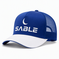 Casquettes de camionneur personnalisées avec logo imprimé, bleu royal et blanc, dos en maille respirante, devant sans couture, réglables, certifiées CE, vente en gros