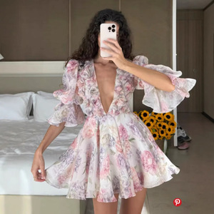 Floral Print V Neck <b>Elastic</b> Waist Midi <b>Dress</b> Deep V Neck Breathable Daily Casual <b>Dress</b> - Product Image 1