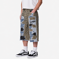 DiZNEW Short en jean baggy déstructuré et déchiré pour homme, style streetwear, avec patchwork léopard et clous gothiques, usine BSCI