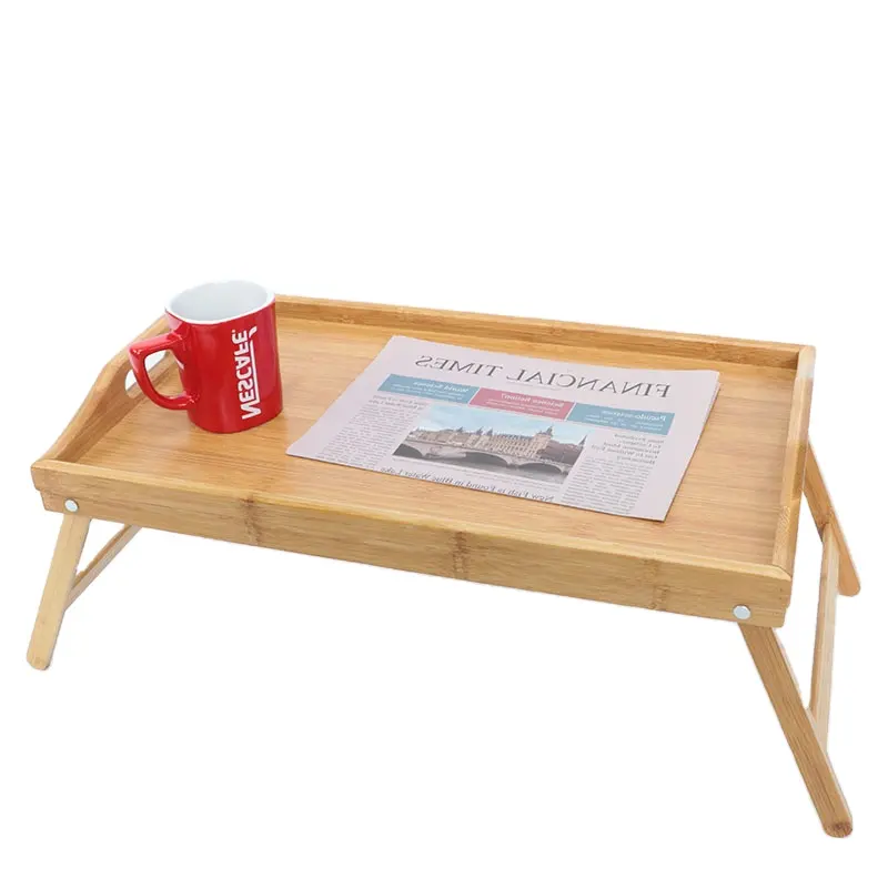 الخيزران الخشب طوي الإفطار الجدول مكتب للحاسوب شخصي ، طاولة السرير ، تخدم صينية مع مقبض الساقين طوي
