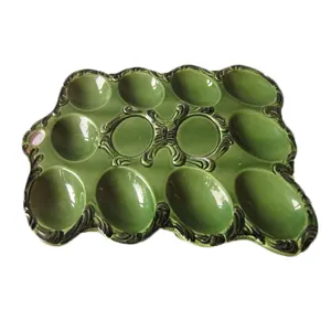 Soporte de bandeja de huevos de cerámica esmaltada verde Vintage, utensilio de cocina, huevera