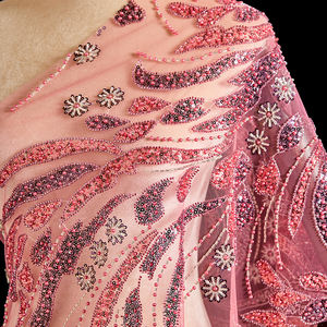 Заводская изготовленная на заказ Тюлевая кружевная ткань из органзы, жаккардовая ткань, разноцветная красная кружевная ткань с бусинами - Product Image 2