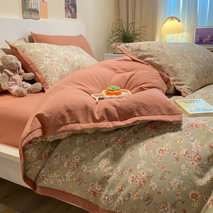 Venta al por mayor de ropa de cama de algodón lavada estilo pastoral retro de clase A de grado materno e infantil, conjunto de algodón de cuatro piezas, conjunto de tres piezas - Product Image 6