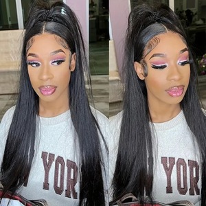 Perruque longue et droite blanche sans colle pour femme, avec frange bouclée, mono top, lace front, perruque bob sans colle - Product Image 4