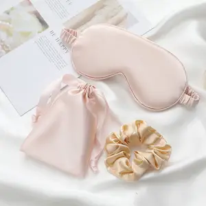 3 Piece Satin Air Travel Eye Mask Set with Drawstring Bag and Hair Scrunchie Hairband