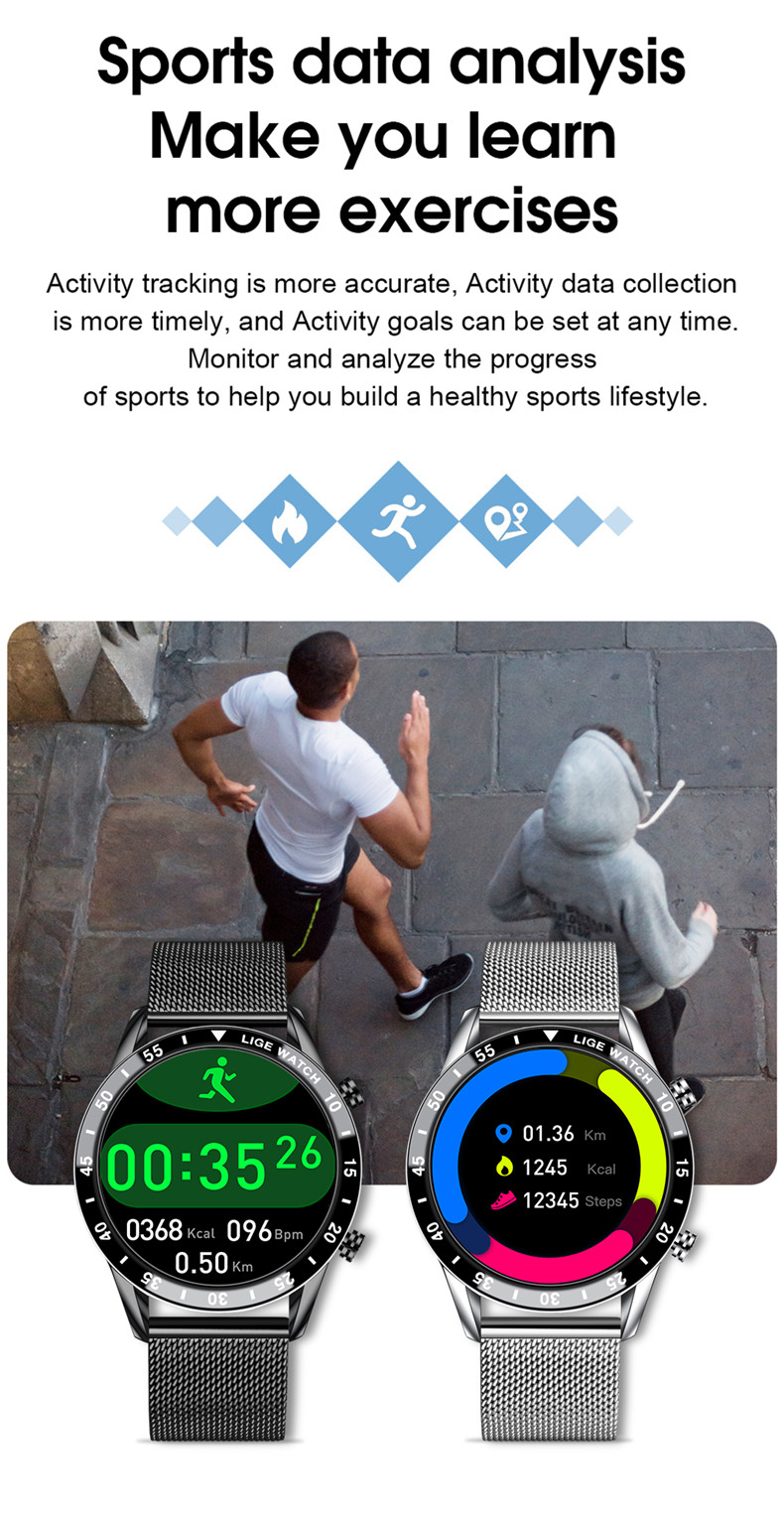LIGE – montre de fréquence cardiaque pour hommes, bracelet en maille, entièrement tactile, étanche, sport, Fitness, de luxe, pour IOS et Android, 0189
