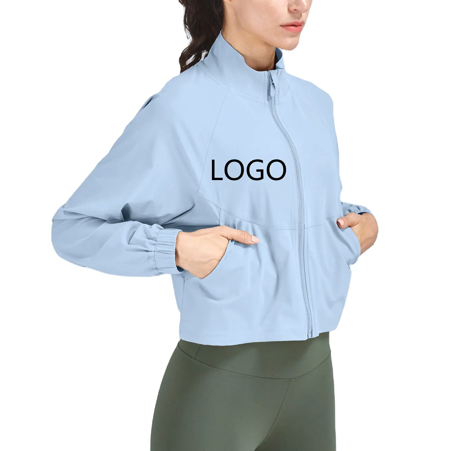 Veste à col montant sport fermeture éclair complète manches longues entraînement Active Fitness Manteau pour femme vêtements de sport avec logo personnalisé