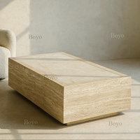 Ensemble de table basse de luxe pour salon en travertin et onyx blanc, onyx blanc avec insert en travertin rouge, décoration de meubles en pierre