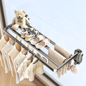 No Drill Drying <b>Rack</b> Double Bar <b>Wall</b> Mounted Space Saving <b>For</b> Clothes <b>Shoes</b> Towels Balcony Bathroom Toilet - Product Image 1